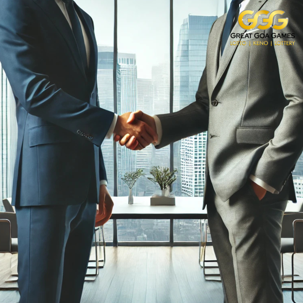 Two individuals shaking hands in a professional office setting, symbolizing a successful partnership opportunity for becoming a dealer in GGG Lottery.